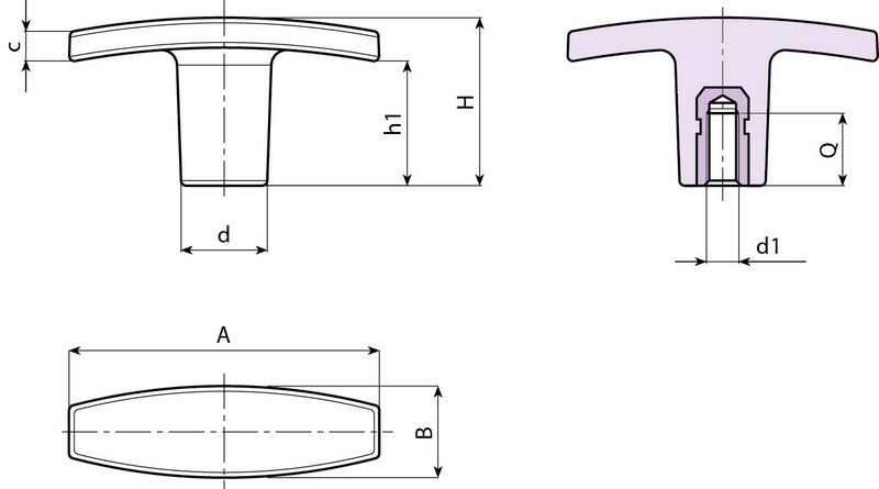 Leschhorn L270 T-Griffe  A 50; d 14; Gewinde d1 M6; Kunststoff PA, schwarz, - Boteco L270 T-Griffe