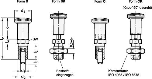 Ganter 817.2-10-12-B-NI EDELSTAHL RASTBOLZEN - GN 817-2 Edelstahl Rastbolzen - langer Kunststoff Knopf-Skizze