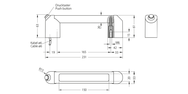 Leschhorn FG12-LL11.165.11 Funktionsgriffe mit 1 Drucktaster (Wechsler) und dreifarbig LED Beleuchtung, A 165. naturfarben eloxiert - LE FG12-LL kompakt Funktionsgriffe mit dreifarbig Griffsteg - Technische Zeichnung