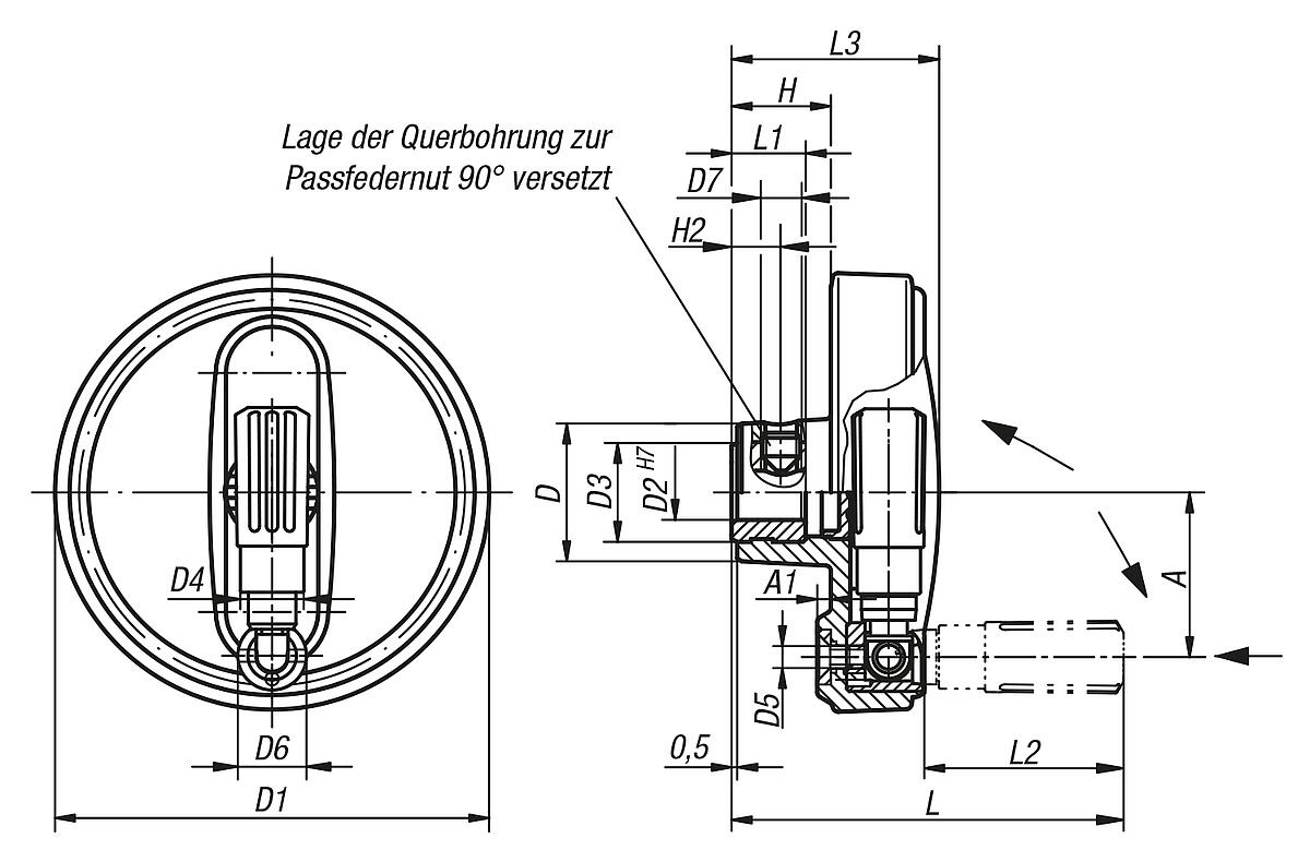Norelem 06265-210010 NOVO.GRIP HANDRAD SICHERHEITSZYL.GRIFF, GR.2, D1=100, D=10H7 - NLM 06265 Handraeder  mit Sicherheits Zylindergriff - Massblatt