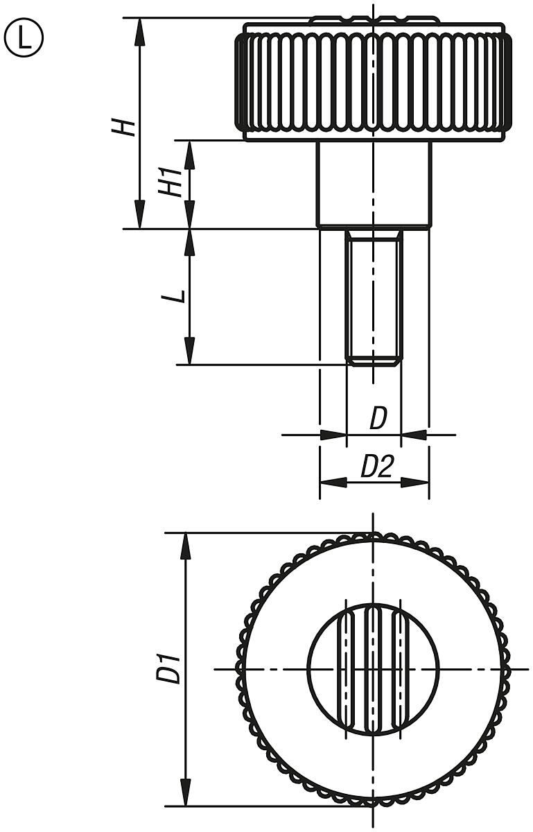 Kipp K0260.53105X60 NOVO.GRIP RÄNDELRAD  GR.3  FORM L, D=63  M10X60, DECKEL LICHTGRAU - K0260-L Raendelraeder mit Aussengewinde - Form L - Massblatt
