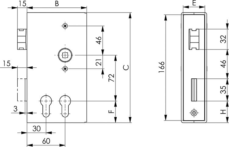 AMF 140DD-30 Schlosskasten für Dreikant- und Profilzylinder, blank, Kastenbreite A: 30 mm, Schließung: PZ, B: 94 mm, C: 172 mm - LE 140DD Schlosskasten fuer Dreikant- und Profilzylinder - blank-Skizze