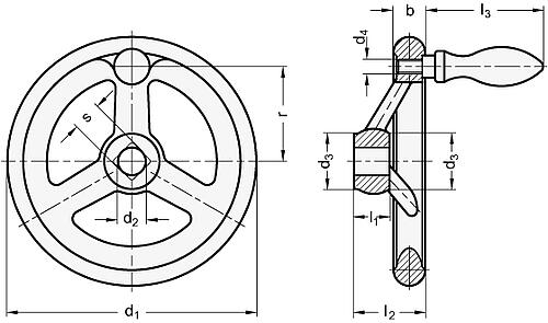 Leschhorn 950-AL-250-A Handrad DIN 950 mit Vorbohrung 8-12 mm, Radkranz poliert, - DIN 950 Handraeder - Aluminium - Gusseisen-Skizze