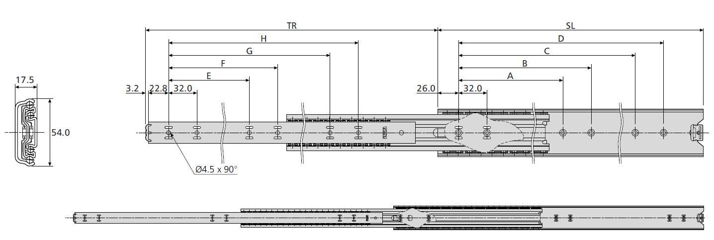 Accuride DZ5417-0030 Teleskopschienen 100% Überauszug, 17,5x54,0 SL 300, TR 340, 90kg, hell verzinkt - 5417 Accuride Teleskopschiene