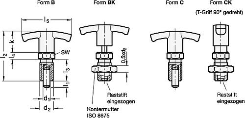 Ganter 817.4-10-12-B-NI EDELSTAHL RASTBOLZEN MIT T GRIFF - GN 817-4 Edelstahl Rastbolzen mit T Griff-Skizze