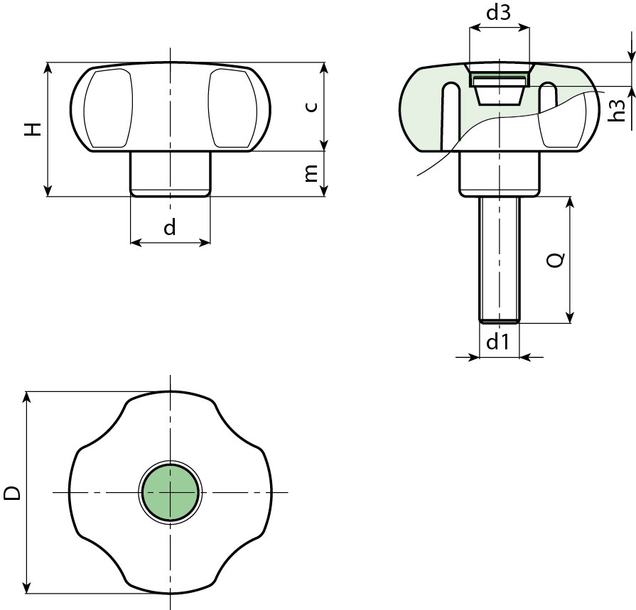 Leschhorn G747 Sterngriffschrauben  D 50; d 20,5; Gewinde d1 M8X60; Kunststoff PA, schwarz, Deckelfarbe schwarz  RAL 9011 - Boteco G747 Kreuzgriffschrauben drawing