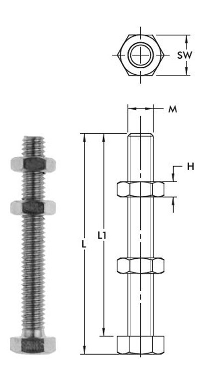 DESTACO 205203-M Andruckspindel Stahl verzinkt und passiviert, Gewinde M6, L 49 L1 45 - DE-STA-CO 118 Spindel mit Sechskant-Kopf