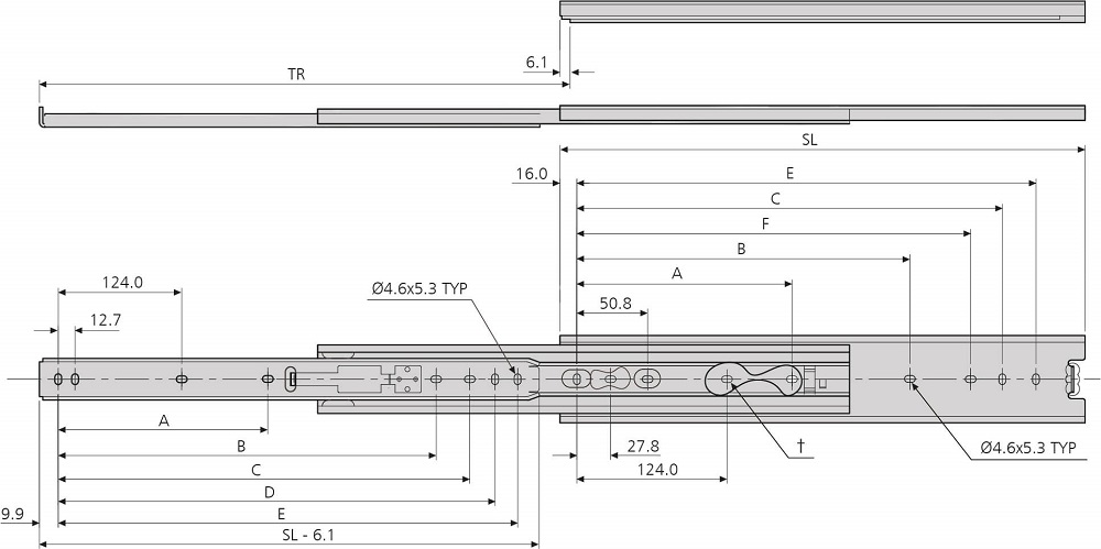 Accuride DZ3357-0012-2 Teleskopschiene, 100% Überauszug, 12,7x50,8, SL 305, TR 330, 68kg, hell verzinkt - Accuride DZ3357 Technische Zeichnung