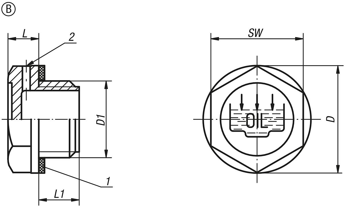 Kipp K0454.219014 SECHSKANT VERSCHLUSSSCHRAUBEN, D=19,5, D1=G 1/4, FORM B - K0454-B Sechskant Verschlussschrauben Form B - Massblatt