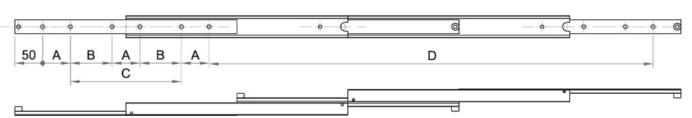 Leschhorn HP 5060-125-ST Hochpräzise Schwerlast Teleskopschiene, Überauszug 200%, Profil 50x60; A= 1250, Gewinde= M8, Lastwert 135Kg,  Stahl C45E+C (1.1191) verzinkt - LE HP5060-Bemassung