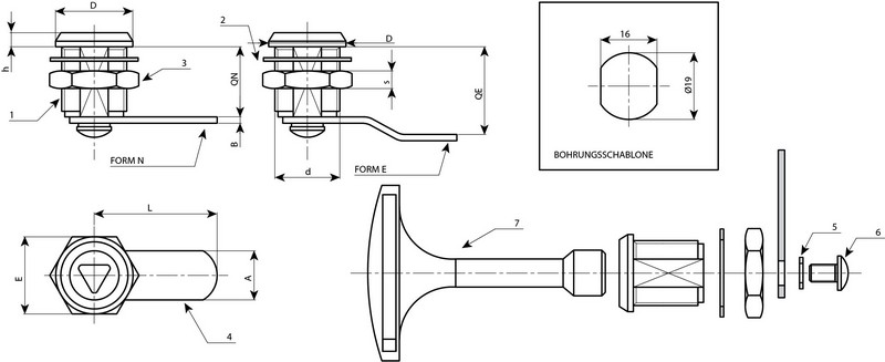 Leschhorn J140 Verriegelungen  Außengewinde M19;  Ohne 6-er Dreikant-Steckschlüssel; L 30; Riegelabstand Qe 25 (Form E) - LE J140 Verriegelungen - Zink-Druckguss-EcoLine-Massblatt