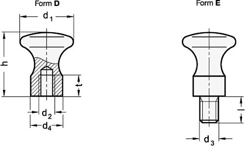 Ganter 75-16-M6-E Pilzknöpfe, E - mit Gewindezapfen, - GN-75-Pilzknoepfe-Stahl-brueniert-mit-Innengewinde-mit-Gewindezapfen-Skizze