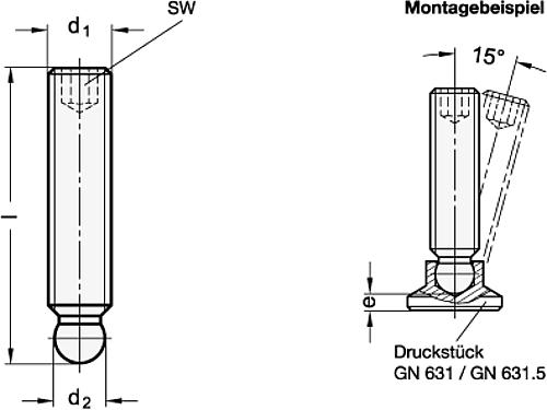 Ganter 632.1-M10-40 GEWINDESTIFT M.KUGELZAPFEN U.INNENSECHSK - GN 632-1 Gewindestifte mit Kugelzapfen-Skizze