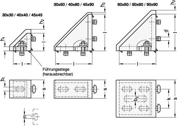 Ganter 30B-30308-C-ABSZS  Winkel, Aluminium, für Aluprofile (b-Baukasten), mit Zubehör, Breite s: 30, Länge l: 30, Nutbreite n: 8 - GN 30b Winkel - Aluminium - fuer Aluprofile - b-Baukasten - mit Zubehoer - Massblatt