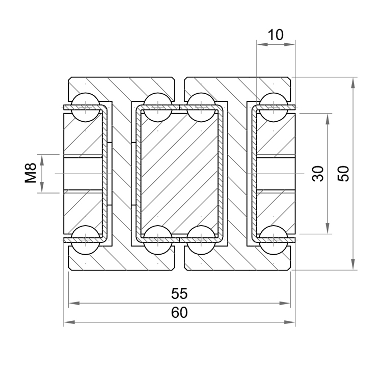 Leschhorn HPTTU 5060-0200-GG-ST Hochpräzise Schwerlast-Teleskopschienen, TT-Profil 50x60, Überauszug 200%, A=400, GG: Gewinde M8/Gewinde M8, Lastwert 190kg, Stahl verzinkt - LE HPTTU-5060 Ueberauszug-Hochpraezise Schwerlast Teleskopschienen-Profilquerschnitt