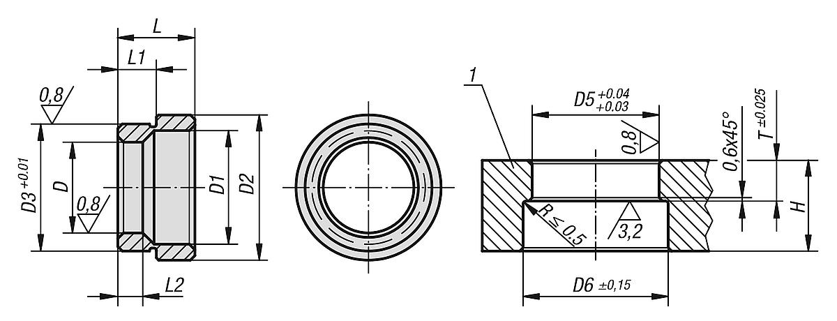 Kipp K0937.20 AUFNAHMEBUCHSE FORM A, D=20, L=17,1 - K0937 Aufnahmebuchsen Form A - rueckseitig eingepresst - Massblatt