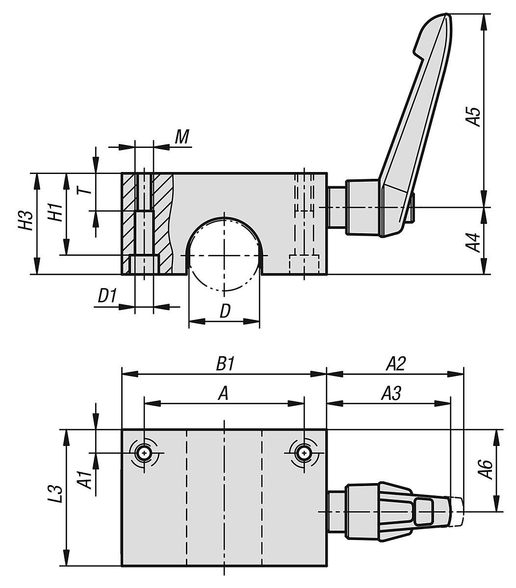 Norelem 21596-30 KLEMMELEMENT F.RUNDFÜHRUNGEN GR.30 D=30, F1=2000, STAHL - NLM 21596 Klemmelemente fuer Rundfuehrungen - Massblatt