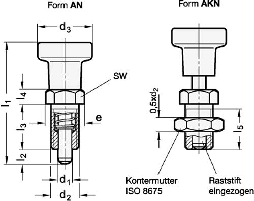 Ganter 617-10-AKN-NI Edelstahl Rastbolzen, ohne Rastsperre - GN 617 Edelstahl Rastbolzen-Skizze