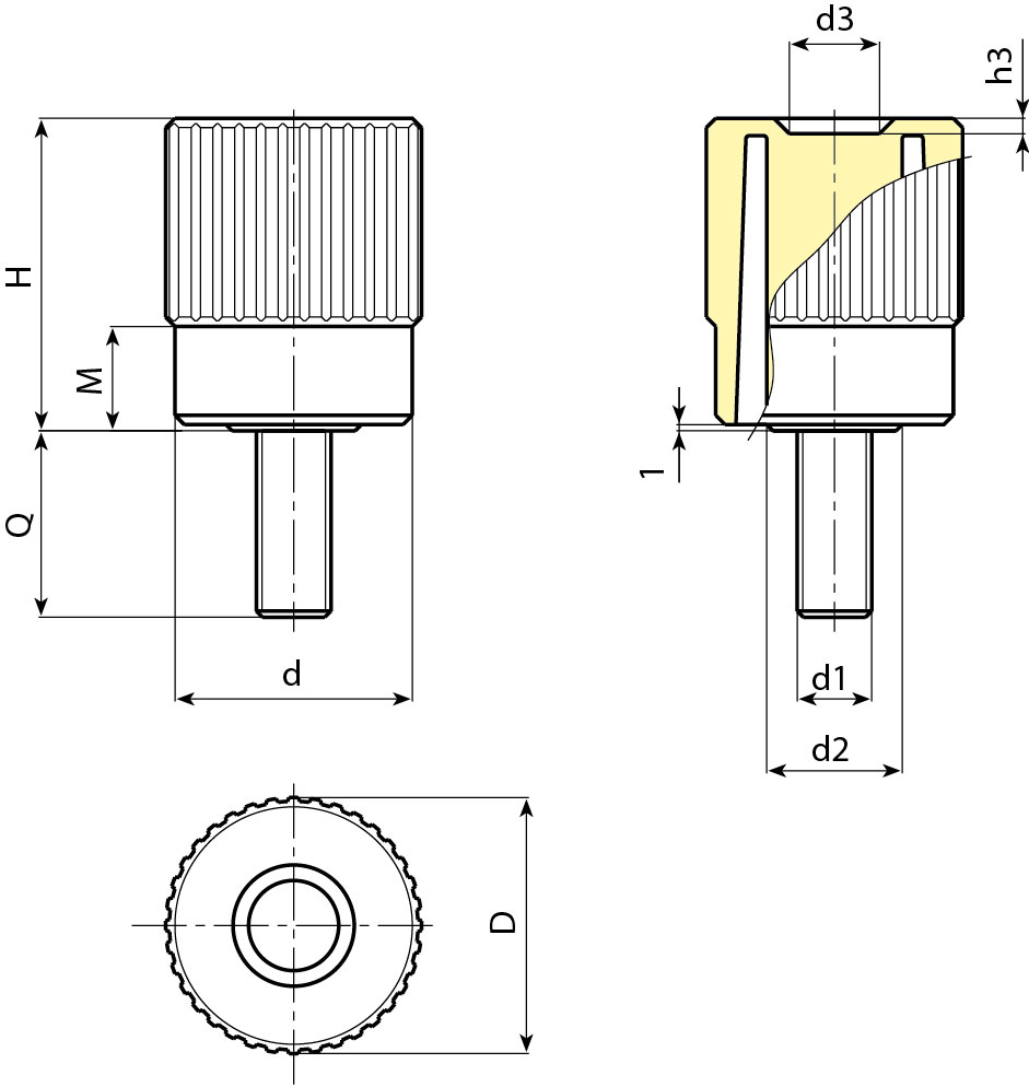 Leschhorn N741 Hohe Rändelgriffschrauben, Gewindeschraube Stahl  D 41; d 38; Gewinde d1 M10; Kunststoff PA, schwarz, - Boteco N741 Geraendelte Muffen
