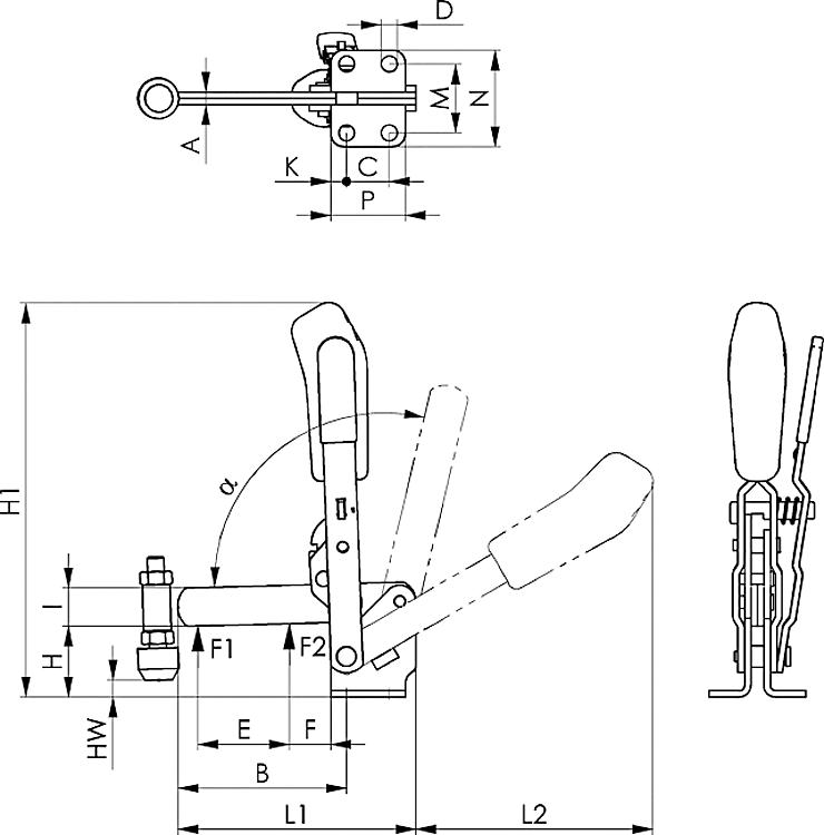 AMF 6804S-3 Senkrechtspanner mit rotem Handgriff und Sicherheitsverriegelung, Größe : 3, F1: 1,4 kN, F2: 2,5 kN - LE 6804S Senkrechtspanner mit Sicherheitsverriegelung -Skizze