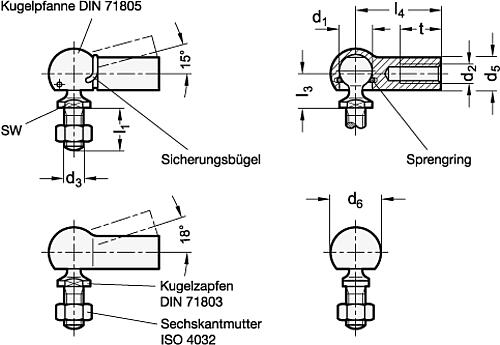 Ganter 71802-8-M5-CS Winkelgelenk DIN 71802 mit Gewindezapfen, UND BÜGEL, VERZINKT - DIN 71802 Winkelgelenke mit Gewindezapfen-Skizze