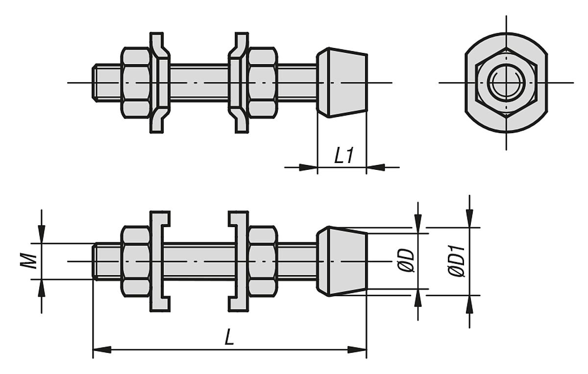 Kipp K0103.04032 ANDRUCKSPINDEL, M4, L=32 - K0103 Andruckspindeln auf vulkanisiertem Neoprendruckstueck - Massblatt