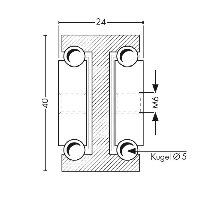 Leschhorn HPTV 4024-0950-GG-ST Hochpräzise Schwerlast-Teleskopschiene, T-Profil 40x24, Vollauszug, A= 950, GG: Gewinde M8/Gewinde M8, Lastwert 230Kg, Stahl verzinkt - LE HP4024 Profilquerschnitt