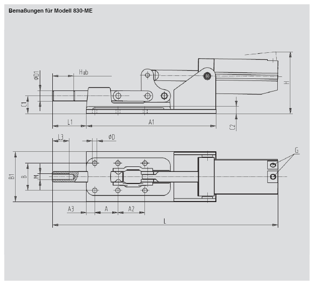 DESTACO 830-ME Standard Kraftspanner Haltekraft 11100 N  Schubstangenspanner  horizontaler Zylinder (Sensor 8EA-109-1 separat bestellen) - 830 Standard Kraftspanner
