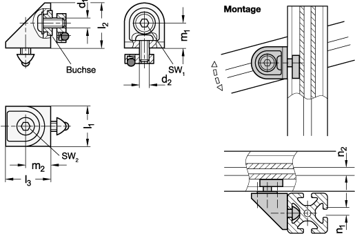 Ganter 41I-2466-C-ZWSZ  Drehwinkel, Zink-Druckguss, für Aluprofile (i-Baukasten), Länge l1: 24, Nutbreite n1: 6, Nutbreite n2: 6 - GN 41i Drehwinkel - Zink-Druckguss - fuer Aluprofile - i-Baukasten - Massblatt