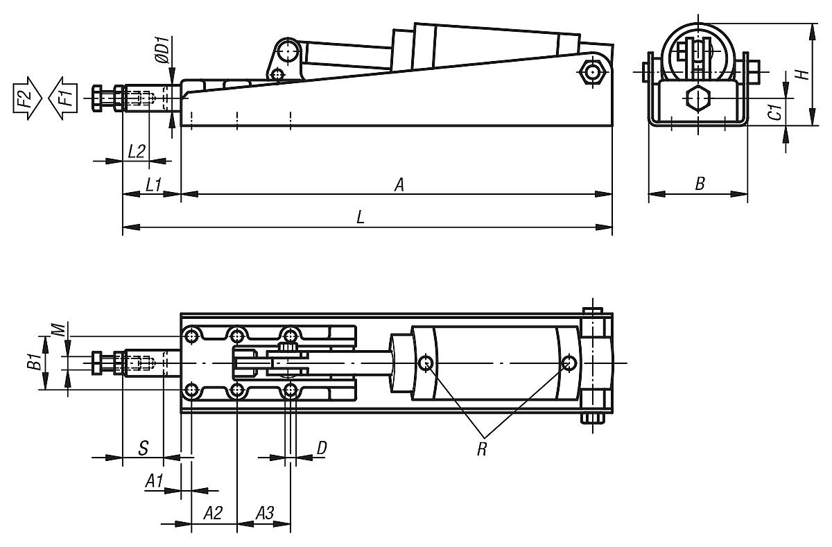 Kipp K0093.1200 PNEUMATIK SCHUBSTANGENSPANNER, FORM A, P=1200 daN - K0093 Pneumatik Schubstangenspanner Form A - Massblatt