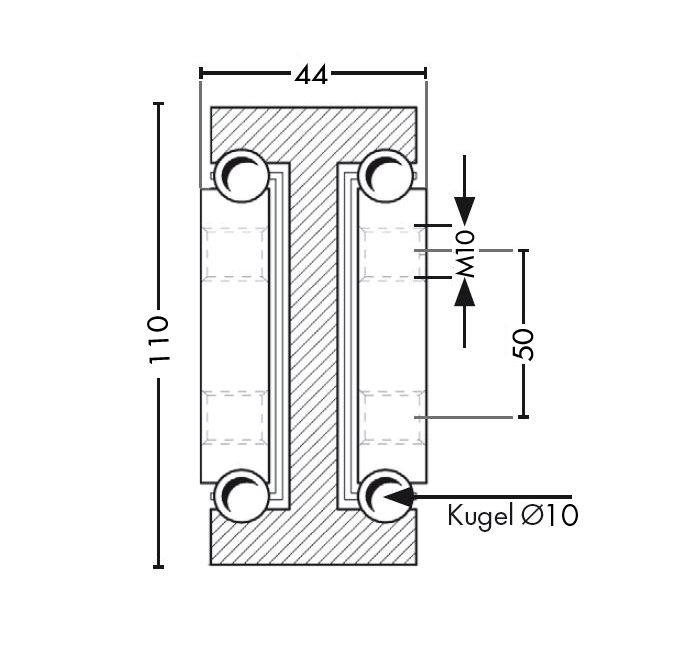 Leschhorn HPTV 11044-105-ST Hochpräzise Schwerlast Teleskopschienen T- Form, Vollauszug, L= 1050 mm, Lastwert 1100kg, Profil 110x40; Gewinde= M10, Stahl C45E+C (1.1191) verzinkt - LE HP11044 Profilquerschnitt