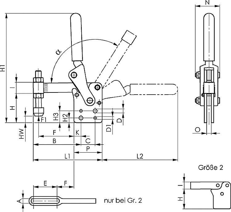 AMF 6812P-2 Schwerer Senkrechtspanner, Größe : 2, F1: 2,5 kN - LE 6812P Schwerer Senkrechtspanner -Skizze