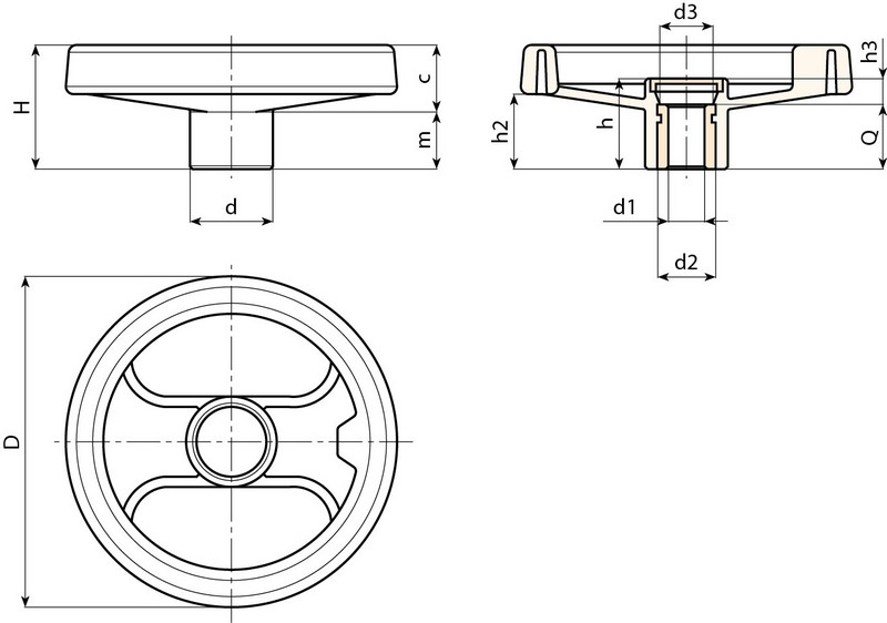 Leschhorn D205 Handräder D 198; d 51; Bohrung d1 8; Kunststoff PA, schwarz - Boteco D205 Handraeder