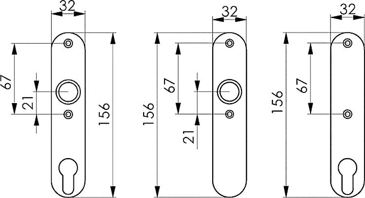 AMF 480ZA Zylinder-Kurzschild, blind, Abmessung: 32 x 156 x 7 mm, Bohrung für Drückerbetätigung: -, PZ-Aussparung: Ja - LE 480 Kurzschild - ohne Z-lochung -Skizze
