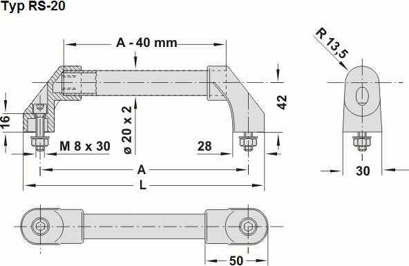 Leschhorn RS-20.OWS.84*  Griffschenkel einzeln, ohne Befestigungsmaterial - Leschhorn RS-20 variable Rohrgriffserien - Zeichnung Typ RS-20