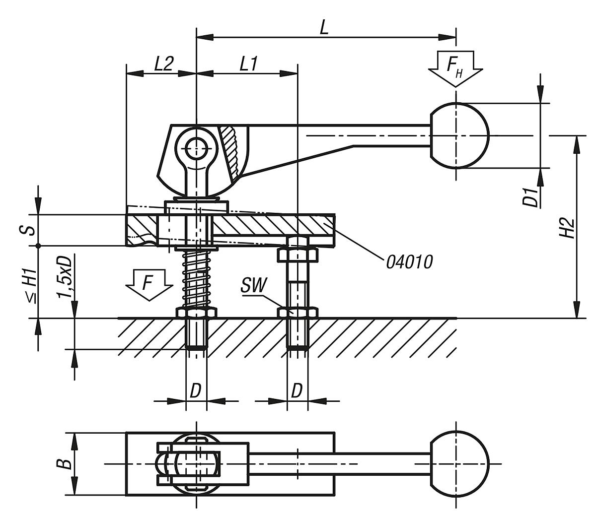 Norelem 04350-12 EXZENTERSPANNER M. MITTELSPANNUNG, M12 - NLM 04350 Exzenterspanner mit Mittelspannung - Massblatt