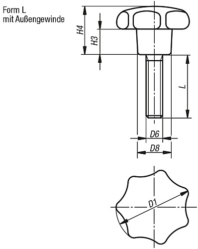 Norelem 06208-42505X15 STERNGRIFF D1=25  M5X15, FORM L, DUROPLAST - Norelem 06208-L Sterngriffe aehnlich DIN 6336 - Aussengewinde - Form L
