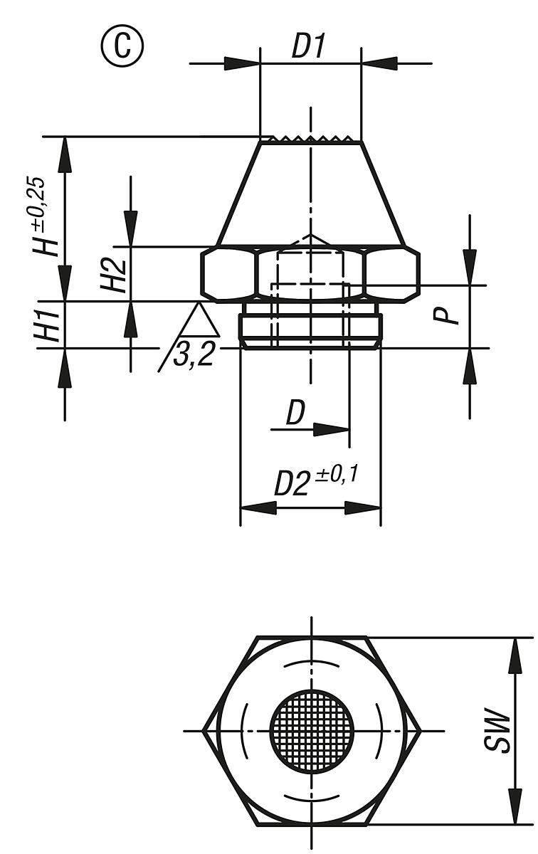 Kipp K0295.310040 AUFLAGEBOLZEN M. POSITIONIERZAPFEN, FORM C, D=M10, H1=40 - K0295-C Auflagebolzen mit Positionierzapfen Form C - Massblatt
