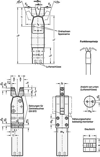 Ganter 866-20-BC-NC Kraftspanner, pneumatisch, zum zentrischen Spannen - GN 866 Kraftspanner - pneumatisch - zum zentrischen Spannen-Skizze