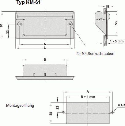 Leschhorn KM-61.082.7030   Kunststoff Muldengriffe A 115,  Polyamid steingrau - Leschhorn KM Kunststoff Muldengriffe - Zeichnung Typ KM-61