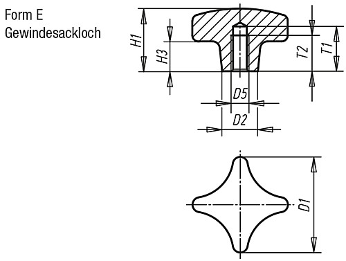 Kipp K0145.504008 KREUZGRIFF FORM E, D1=40, D5=M8, ALU, GEROMMELT - KIPP K0145-E Kreuzgriffe aehnlich DIN 6335 aus Alum