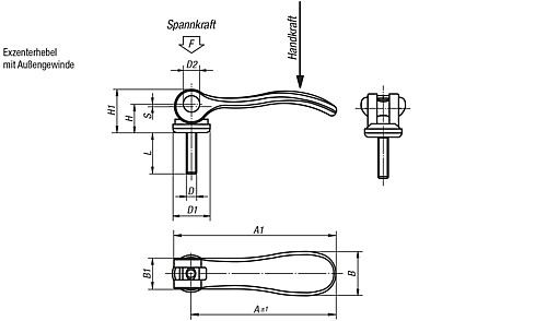 Kipp K0005.2511108X25 EXZENTERHEBEL GR.2 M8X25   EDELSTAHL, MIT ALUMINIUMGRIFF - KIPP K0005-AG Exzenterhebel mit Aussengewinde
