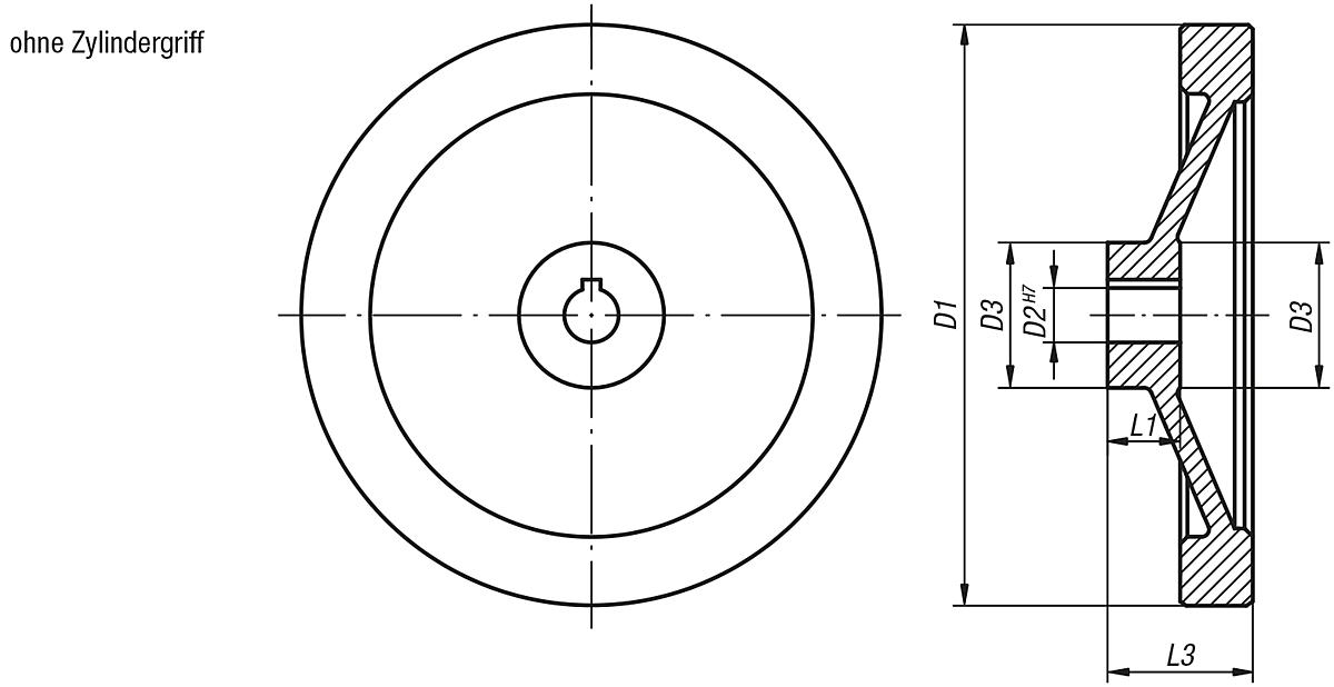 Kipp K0161.1250X22 SCHEIBENHANDRAD ALU, O.GR.M.NUT, D1=250, D2=22 - K0161-OG Scheibenhandraeder aus Aluminium - ohne Zylindergriff - Massblatt