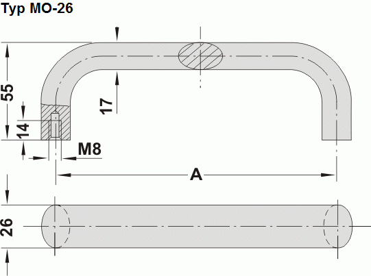 Leschhorn MO-26.120.11 Gerätegriffe, Oval Aluminium,  26 mm A 120,  natur eloxiert halbglänzend - Leschhorn MO Maschinen- und Geraetegriffe - Zeichnung-Typ MO-26