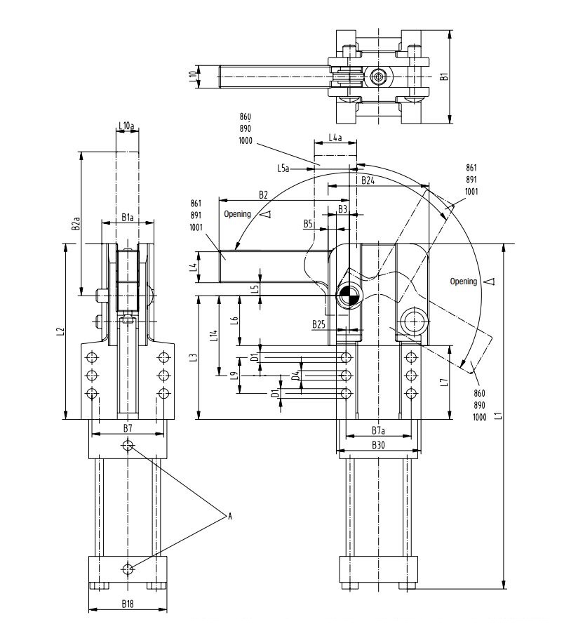 DESTACO 1000 Automations-Kraftspanner Haltemoment max. 2000 Nm Spannmoment max. 750 Nm Anschluss G1/8 Spannposition vertikal Öffnungswinkel 122° - DESTACO Serie 860 - 861 - 890 - 891 - 1000 - 1001 Automations-Kraftspanner schwere Ausfuehrung-Skizze