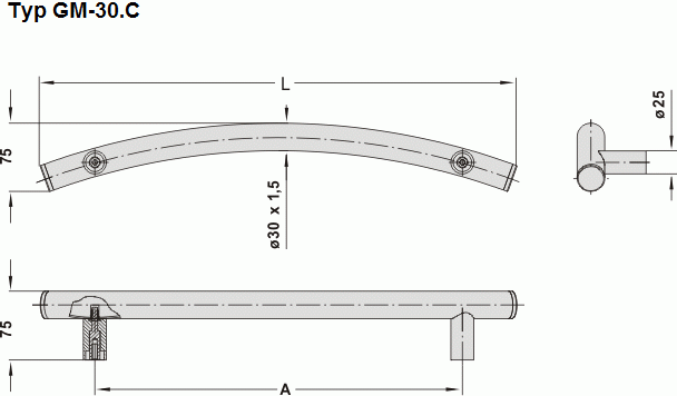 Leschhorn GM-30.C500.33   gebogene Maschinengriffe Rohr 30 x 1,5 mm, A 500, Halterung Alu, Endkappe PA6 schwarz   Schenkel schwarz, Rohr Edelstahl - Leschhorn GM-30 gebogene Maschinengriffe in modernem Design - Zeichnung