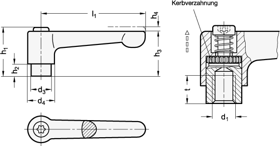 Ganter 302.2-22-M3-OS  Flache verstellbare Klemmhebel, Zink-Druckguss, Einsatz Stahl verzinkt, mit Innengewinde, Grifflänge l1: 22, Anschlussgewinde d1: M 3, Farbe: OS - orange, RAL 2004, strukturmatt - GN 302-2 Flache verstellbare Klemmhebel-Zink-Druckguss-Einsatz Stahl verzinkt-Innengewinde-Massblatt