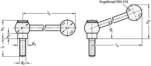 Ganter 6337.3-25-M10-50-M VERST.KUGELGRIFF M.SCHRAUBE, GERADE - GN 6337-3 Verstellbare Kugelgriffe - mit Gewindestift - Stahl-Skizze