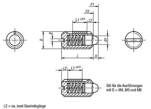 Kipp K0323.04 FEDERNDES DRUCKSTÜCK  M4, BOLZEN, LONG LOK - KIPP K0323 Federnde Druckstuecke mit Schlitz und Dr