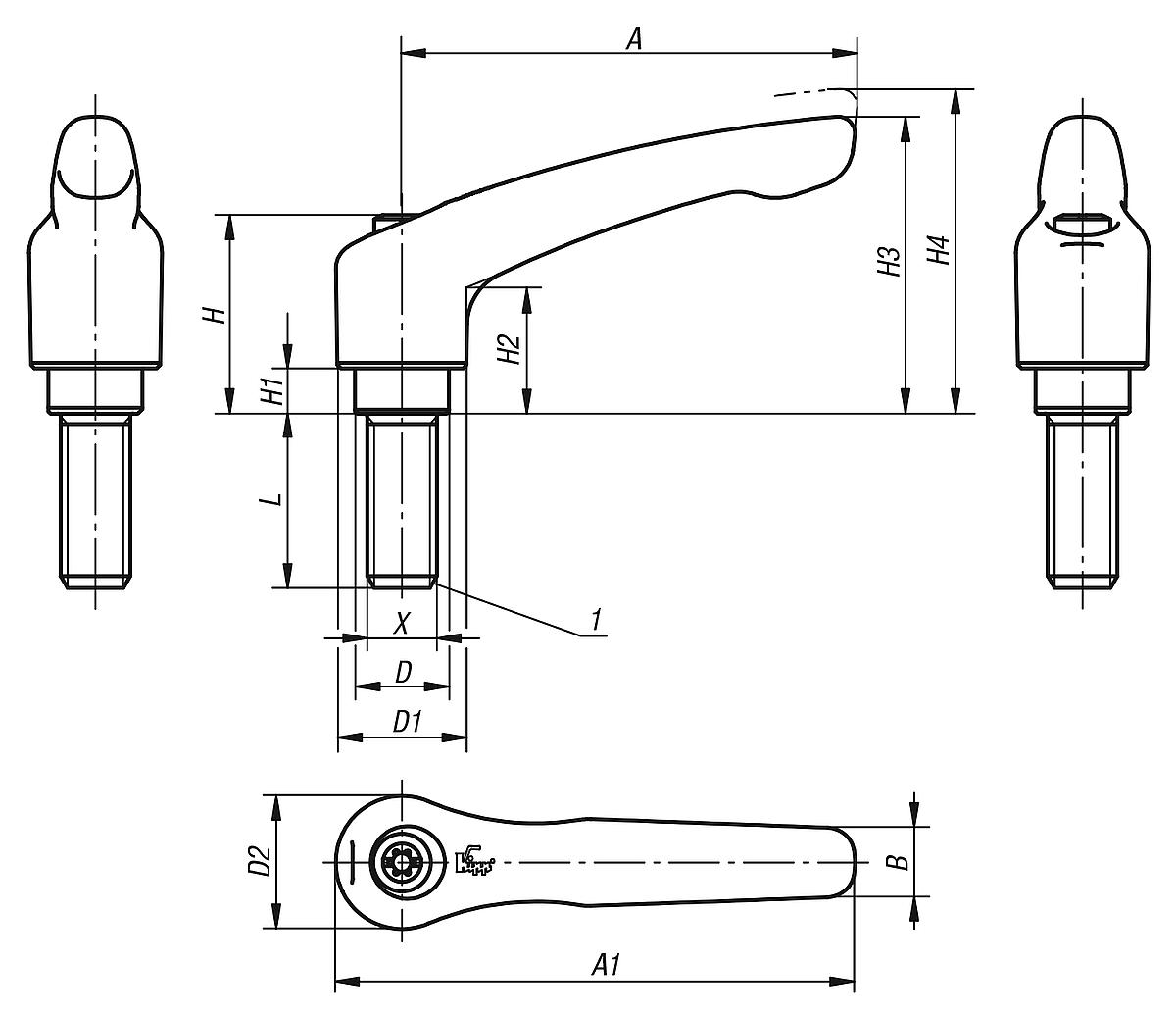 Kipp K0122.2081X30 KLEMMHEBEL GR.2  M8X30, GRIFFHEBEL SCHWARZ SEIDENMATT - K0122 Klemmhebel mit Aussengewinde - Massblatt
